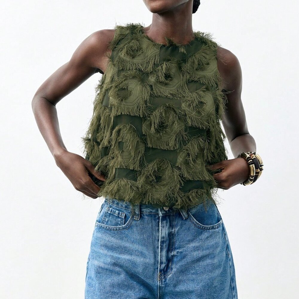 Army Green Bohemian Women's Jacquard Fabric Peplum Camisole